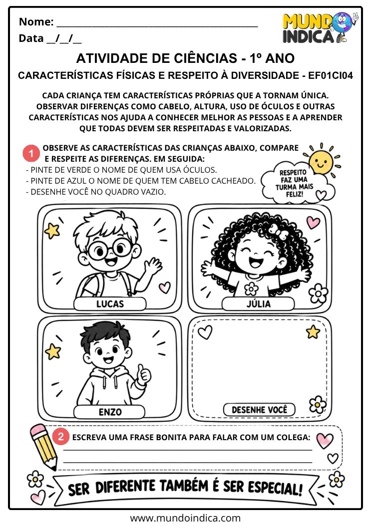 Atividade Adaptada de Ciências 1º ano sobre as Características Físicas e o Respeito à Diversidade - EF01CI04