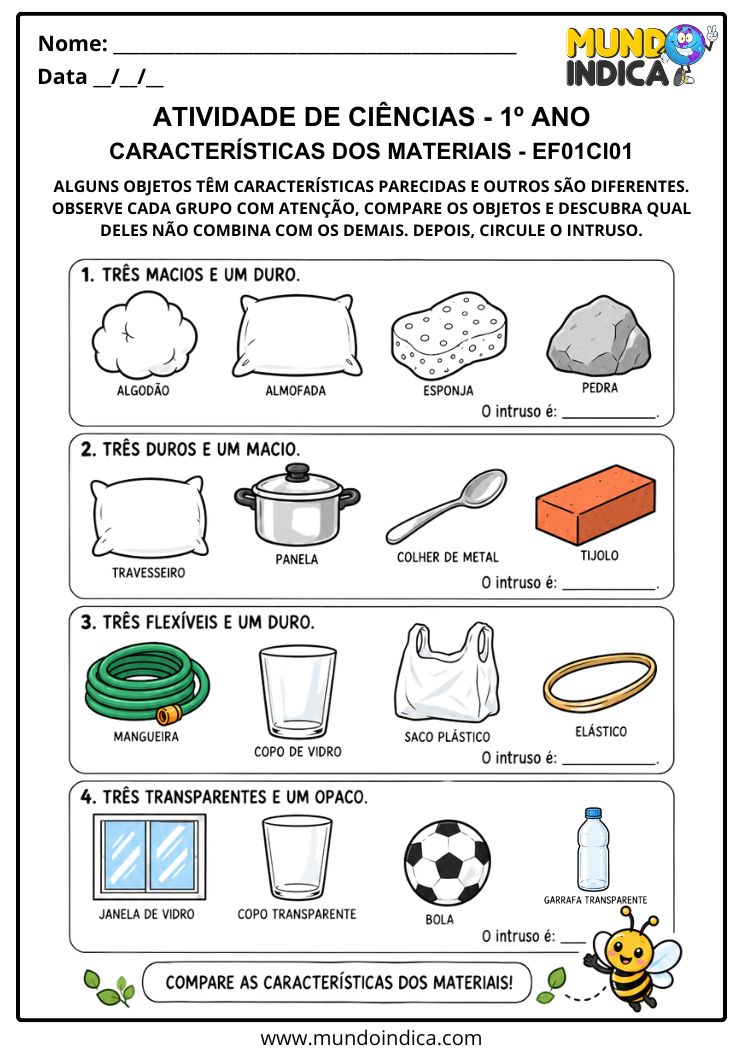 Atividade Adaptada de Ciências 1º ano sobre as Características dos Materiais BNCC - EF01CI01