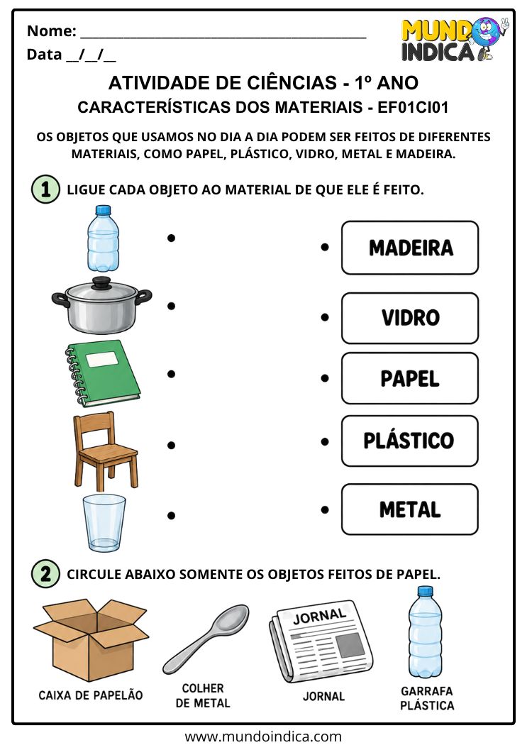 Atividade Adaptada de Ciências 1º ano sobre as Características dos Materiais - EF01CI01