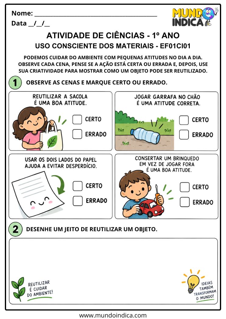 Atividade Adaptada de Ciências 1º ano sobre o Uso Consciente dos Materiais - EF01CI01