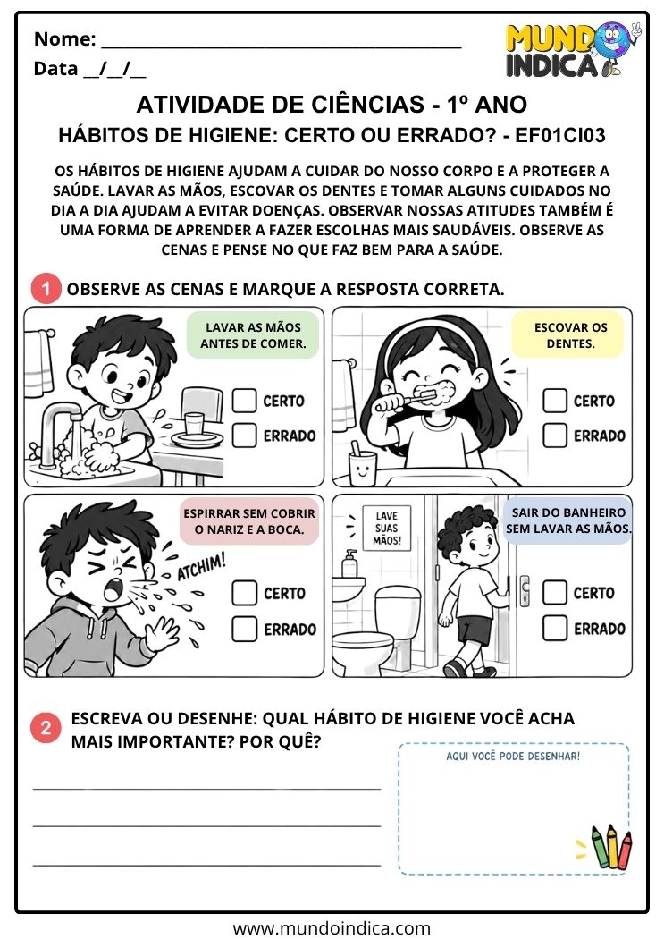 Atividade Adaptada de Ciências 1º ano sobre os Hábitos de Higiene Certo ou Errado - - EF01CI03