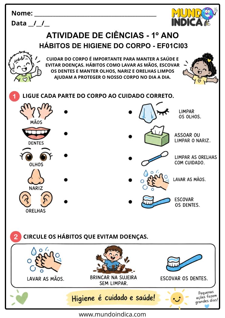 Atividade Adaptada de Ciências 1º ano sobre os Hábitos de Higiene - EF01CI03