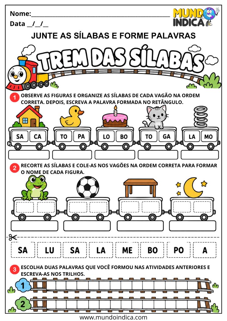 Atividade Juntar Sílabas e Formar Palavras para Alfabetização