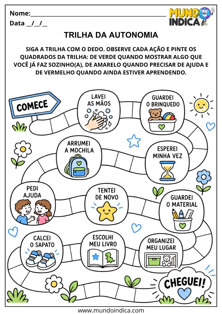 Atividade Trilha da Autonomia na Educação Infantil sobre Fazer Sozinho Pedir Ajuda e Aprender