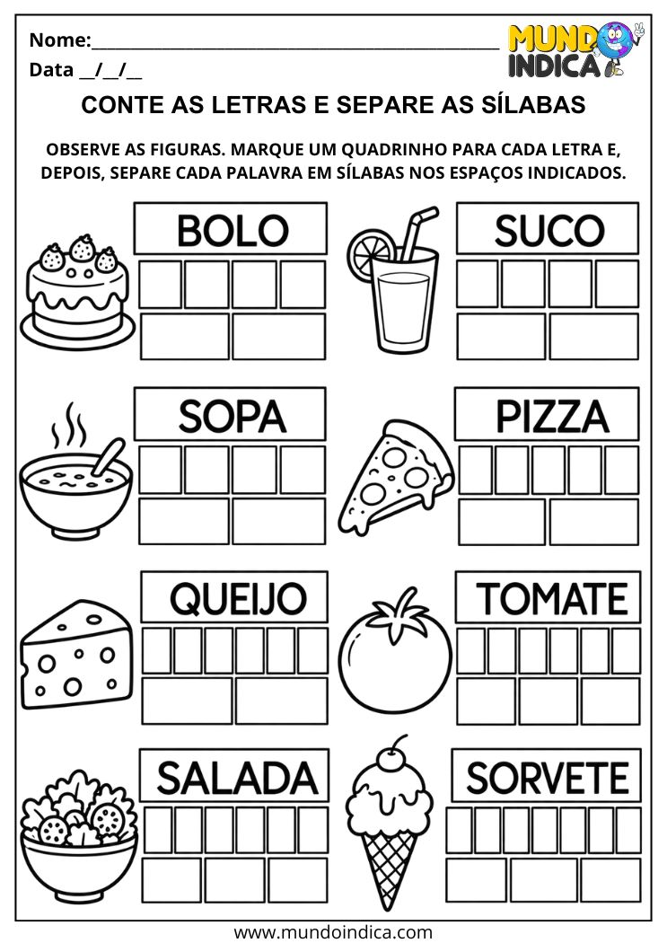 Atividade com Letras, Sílabas e Palavras para Alfabetização
