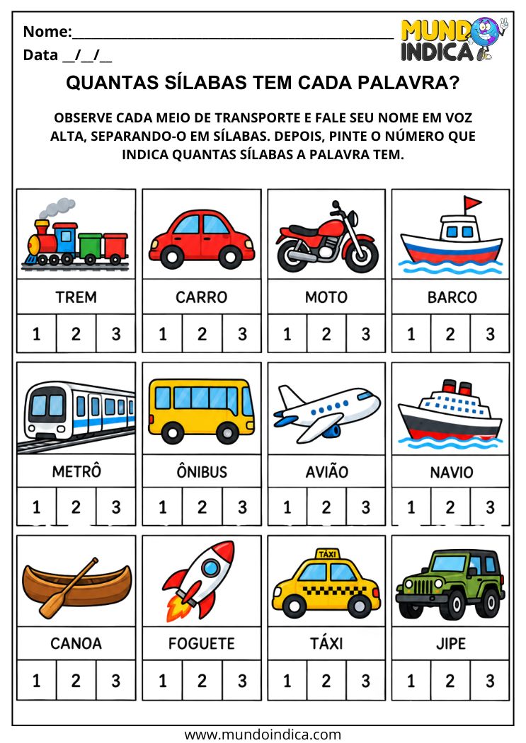 Atividade com Quantidade de Sílabas para Alfabetização