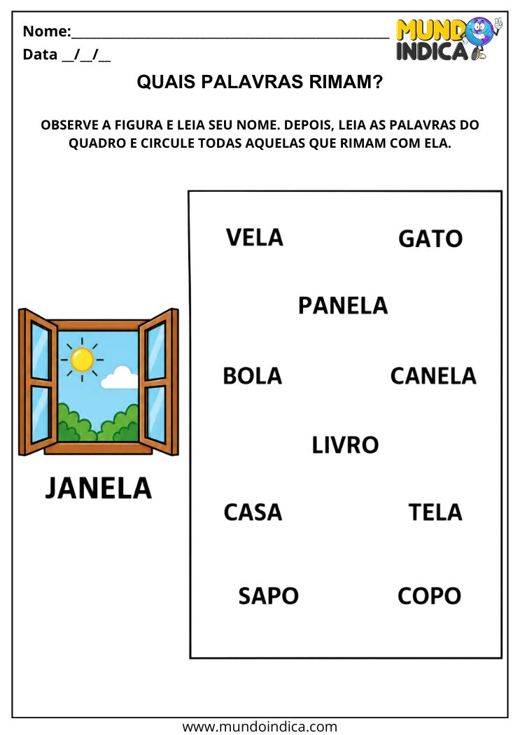 Atividade com Rimas para 1º Ano para Circular Palavras que Rimam