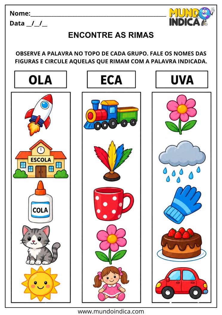 Atividade com Rimas para 1º Ano para Encontrar Palavras com Sons Parecidos