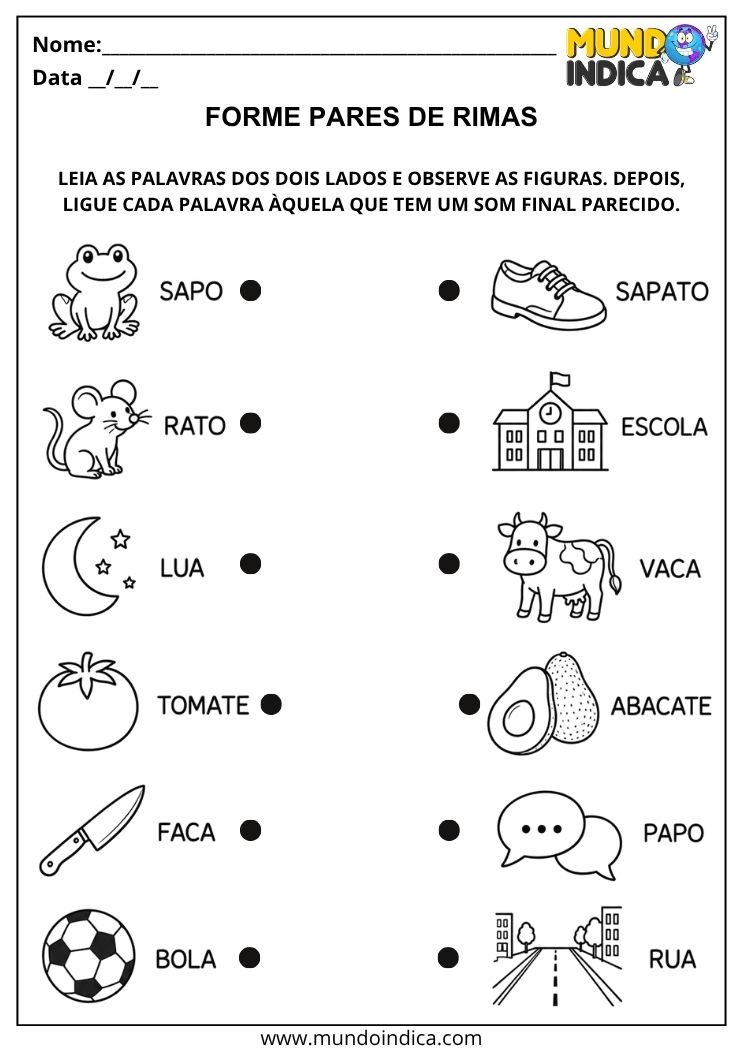 Atividade com Rimas para 1º Ano para Formar Pares de Rimas