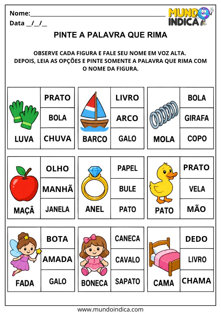 Atividade com Rimas para 1º Ano para Identificar a Palavra que Rima com a Figura
