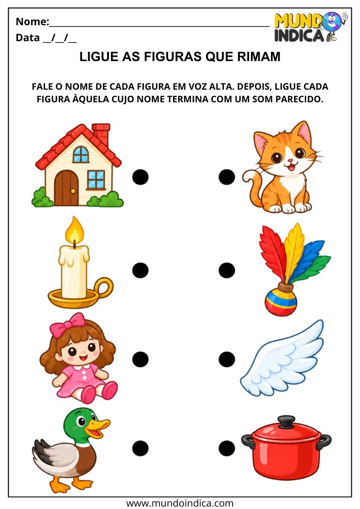Atividade com Rimas para 1º Ano para Ligar Figuras que Rimam