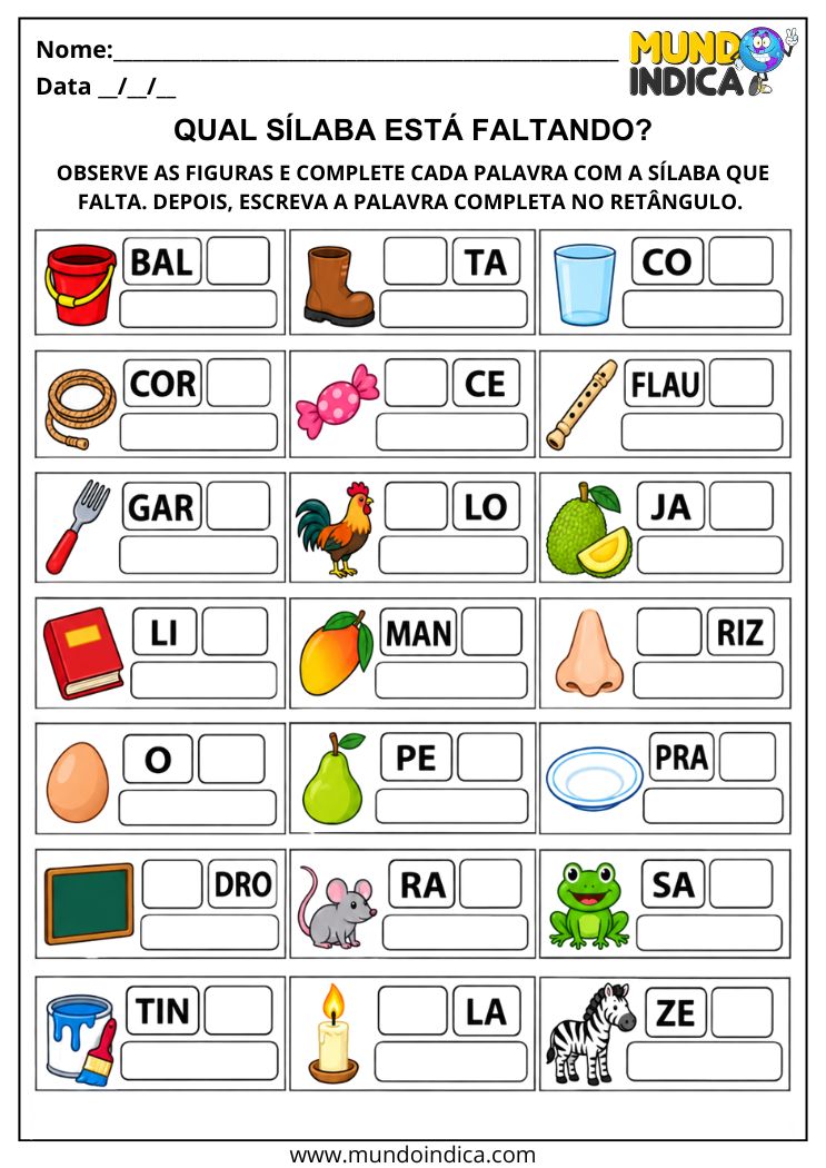Atividade com Sílabas Faltosas para Alfabetização