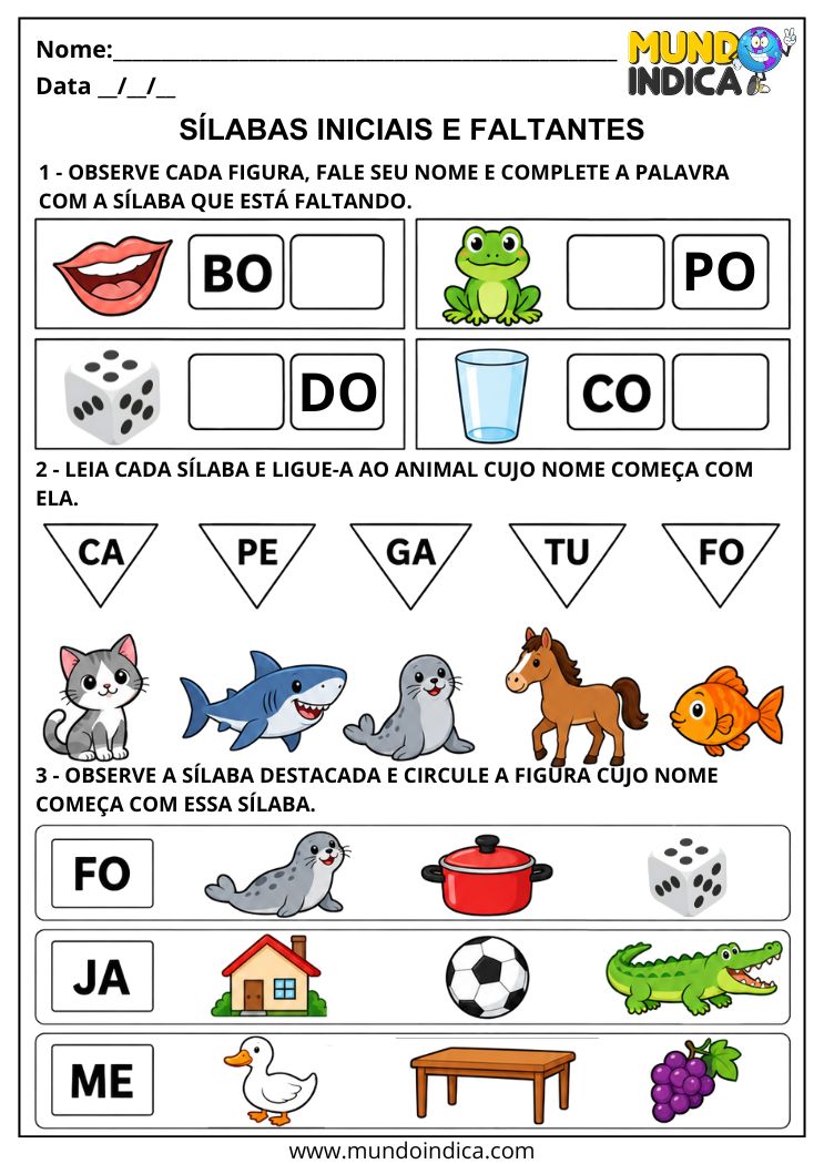 Atividade com Sílabas Iniciais e Faltantes