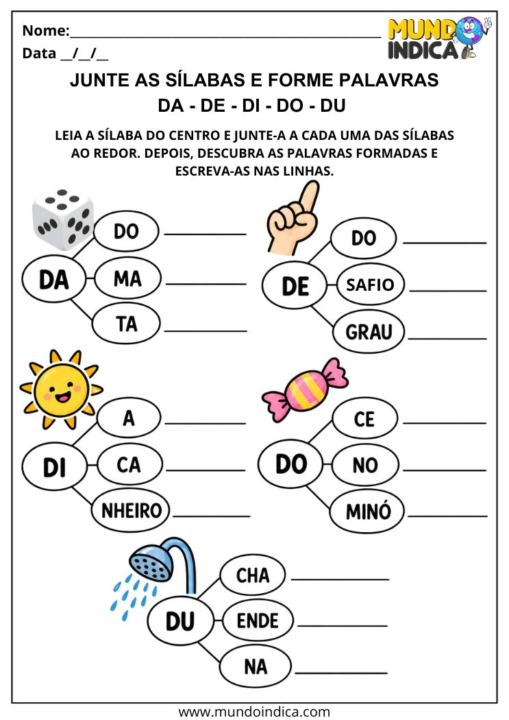 Atividade com Sílabas Simples DA DE DI DO DU para Formar Palavras