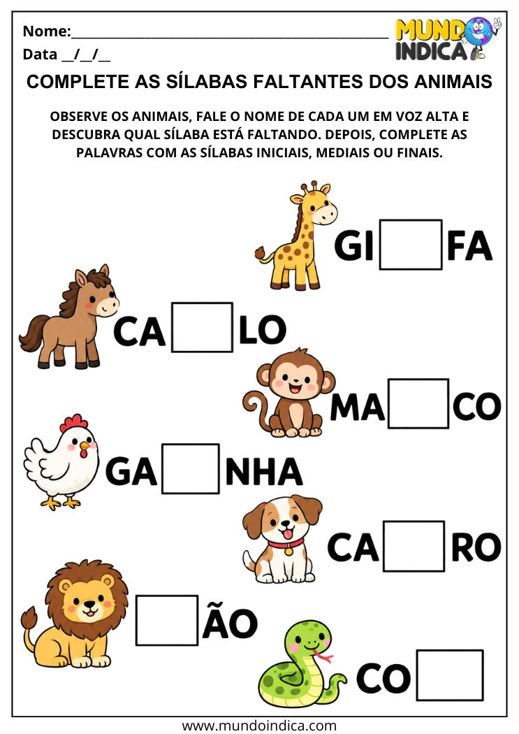 Atividade com Sílabas Simples Faltantes para Alfabetização com Animais
