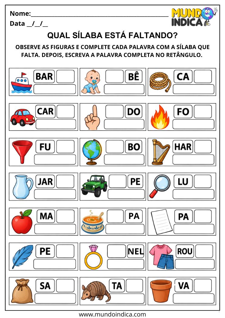 Atividade com Sílabas Simples Faltosas para Completar Palavras