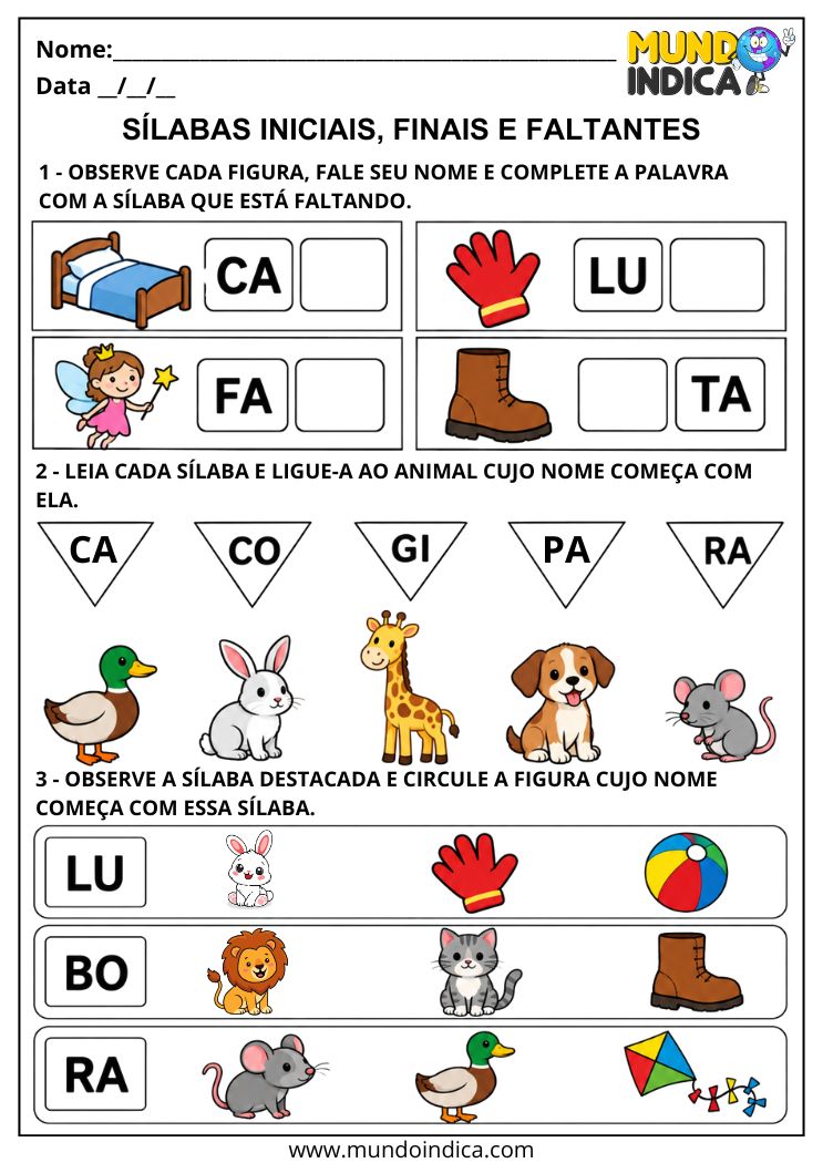 Atividade com Sílabas Simples Iniciais, Finais e Faltantes