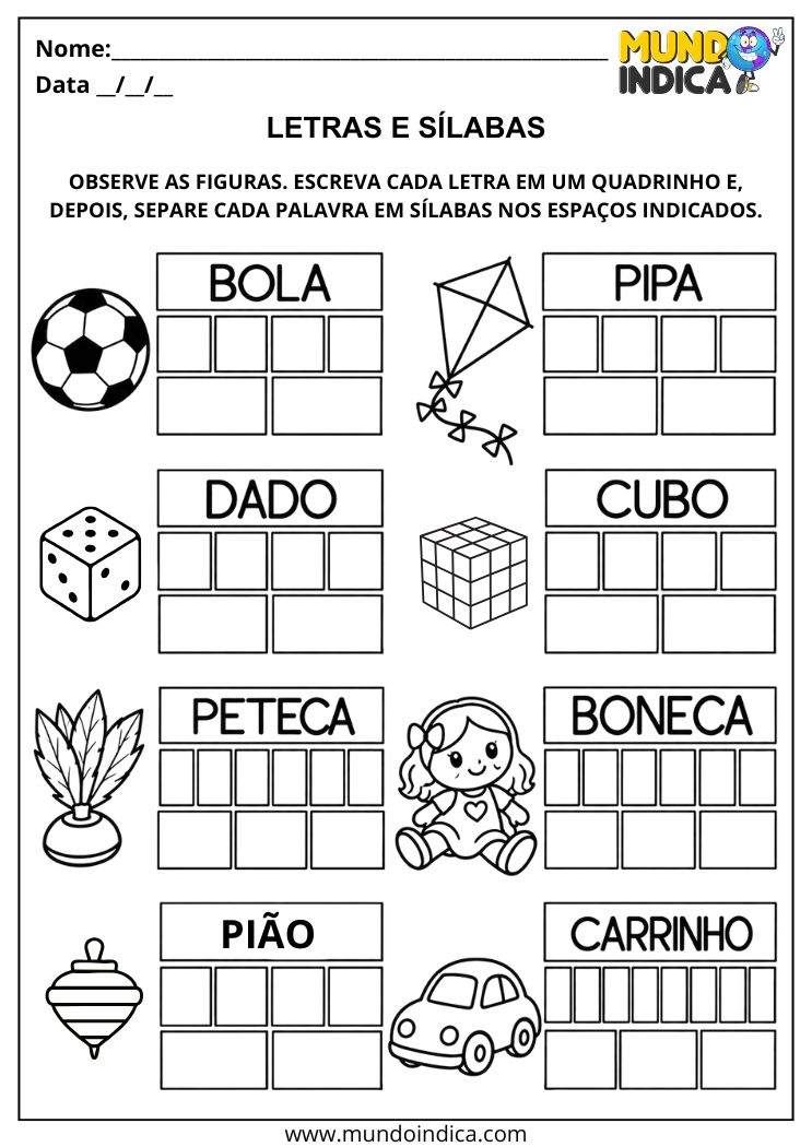 Atividade com Sílabas Simples, Letras e Palavras para Alfabetização