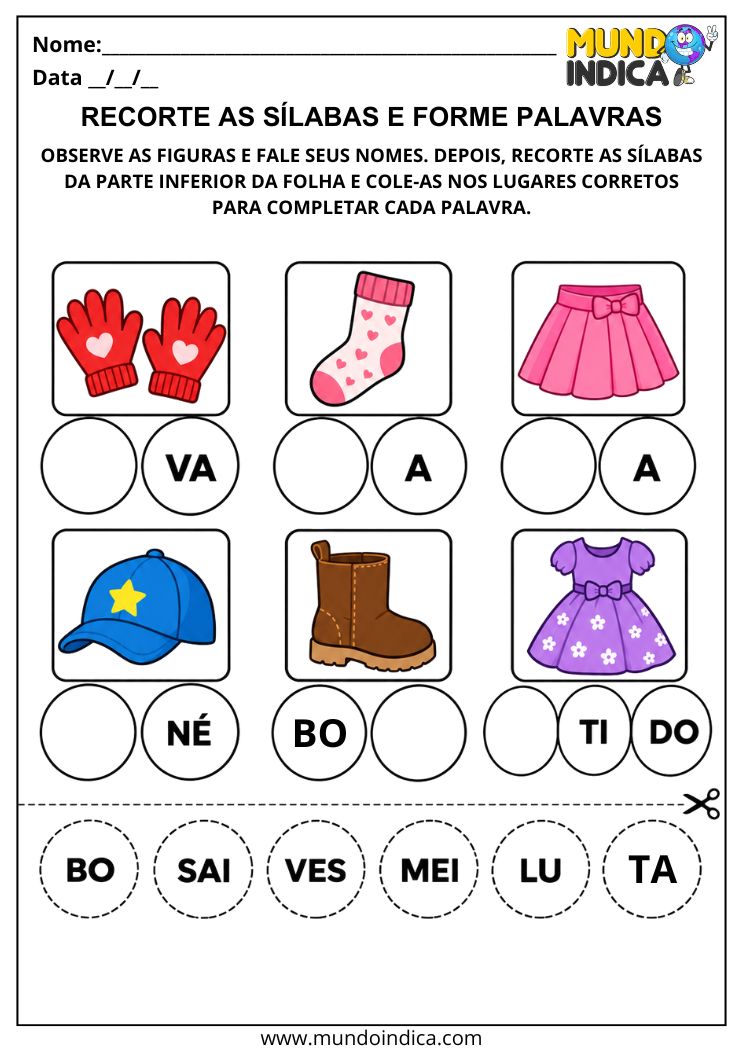 Atividade com Sílabas Simples para Recortar e Formar Palavras