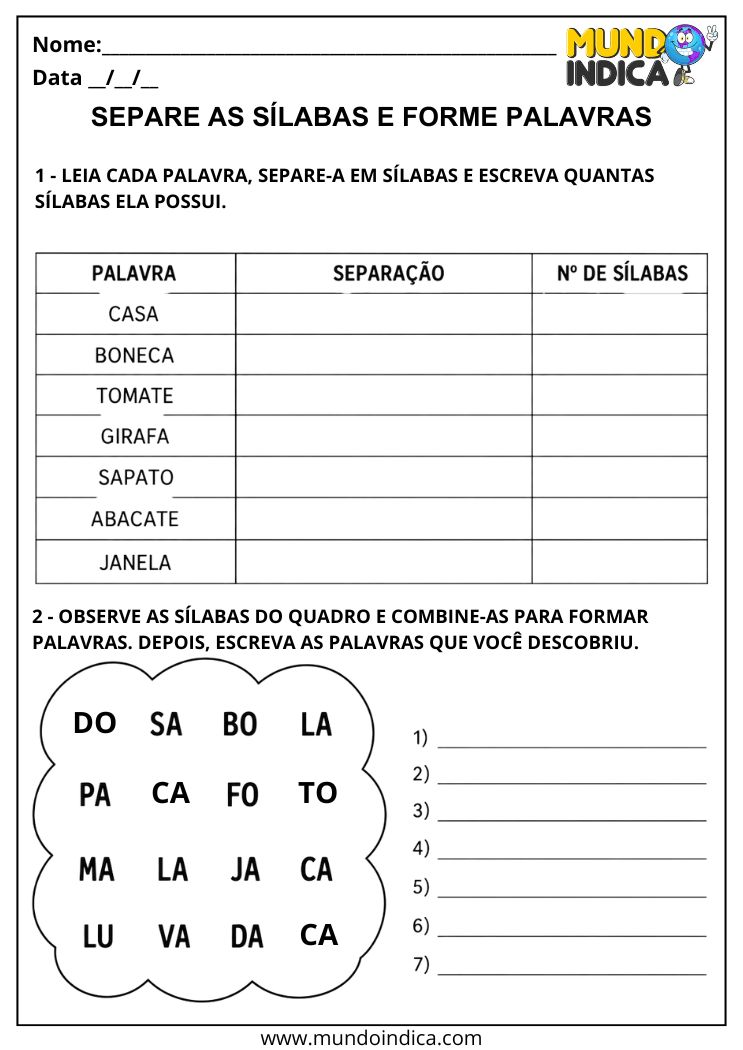 Atividade com Sílabas Simples para Separar e Formar Palavras