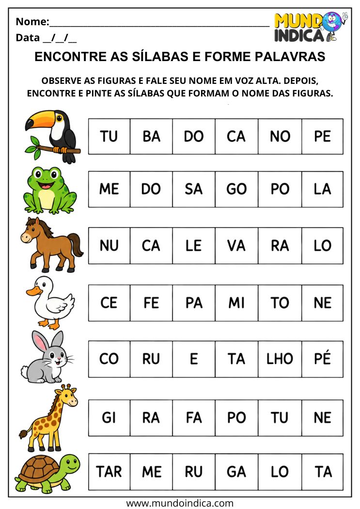 Atividade com Sílabas para Formar Palavras