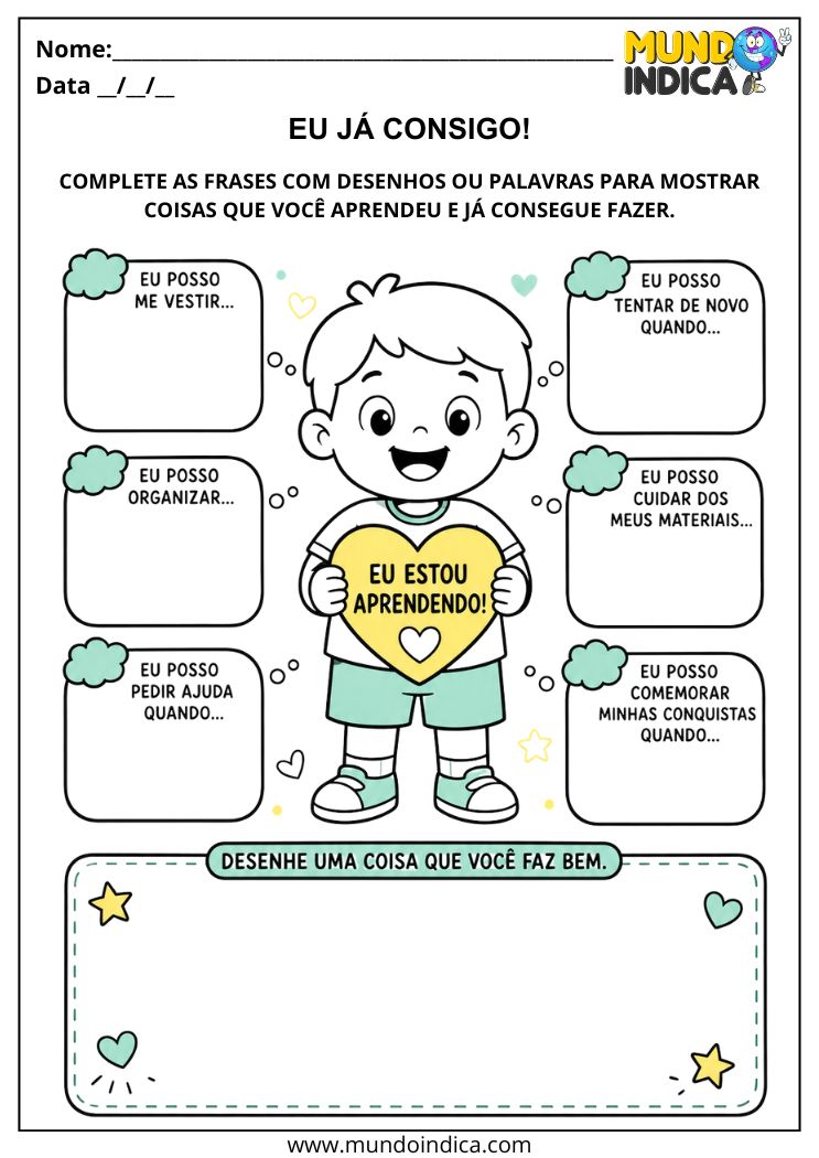 Atividade de Autoconfiança na Educação Infantil sobre Coisas que Já Consigo Fazer