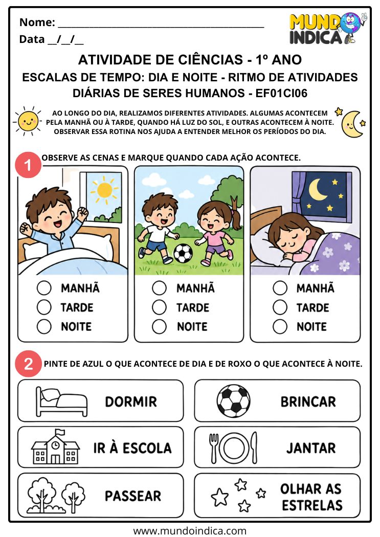 Atividade de Ciências 1º ano - Escala de Tempo com Ritmo de Atividades Diárias de Seres Humanos - EF01CI06