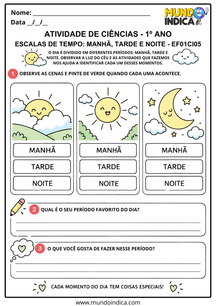 Atividade de Ciências 1º ano - Manhã, Tarde e Noite - EF01CI05