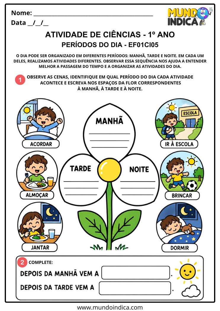 Atividade de Ciências 1º ano – Escalas de Tempo com Períodos do Dia, como Manhã, Tarde e Noite - EF01CI05
