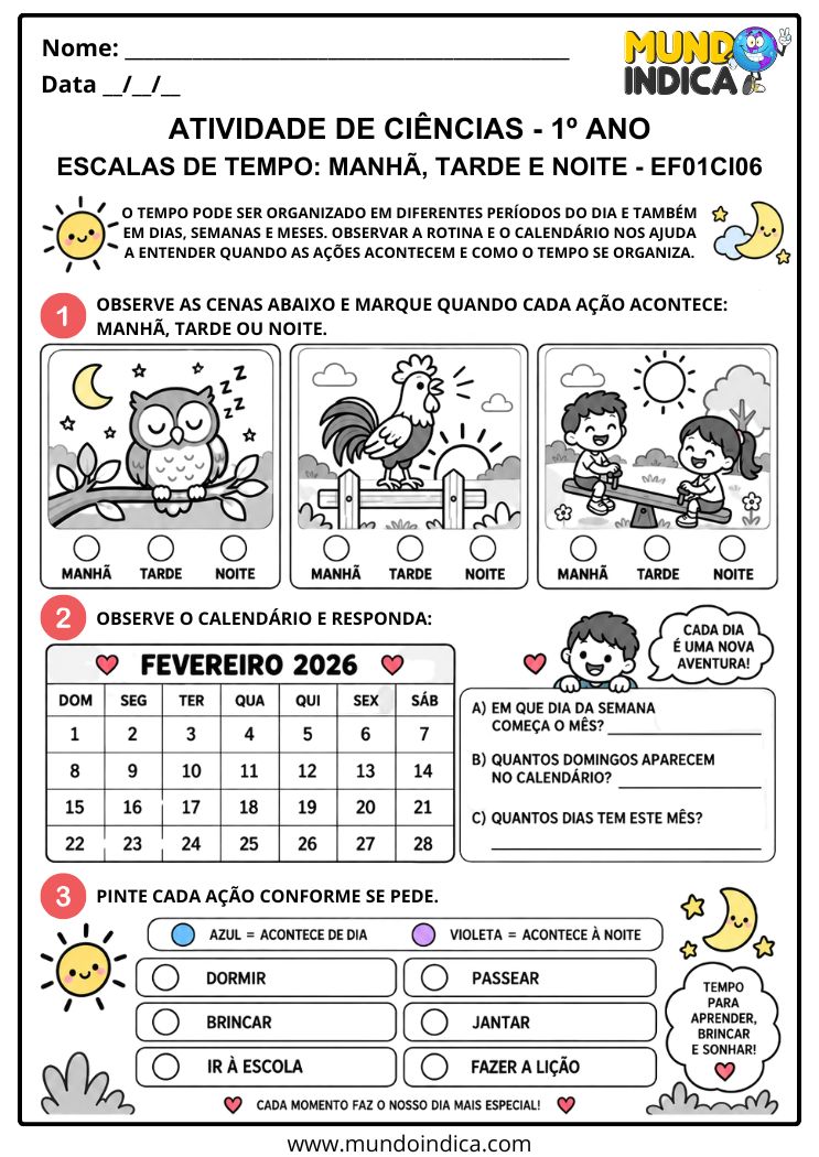 Atividade de Ciências 1º ano – Ritmo de Atividades Diárias de Seres Humanos e Outros Seres Vivos - EF01CI06