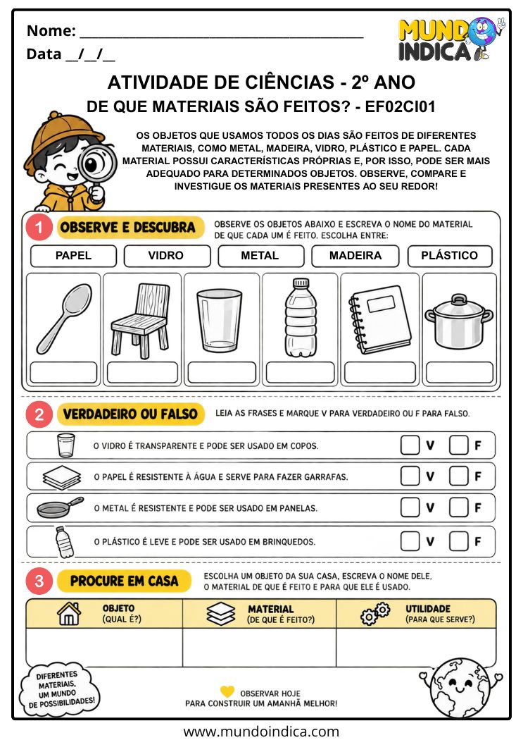 Atividade de Ciências 2º ano para Descobrir de que Materiais são Feitos os Objetos – EF02CI01