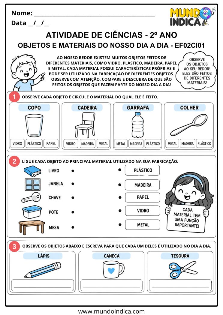 Atividade de Ciências 2º ano para Identificar os Materiais dos Objetos do Dia a Dia – EF02CI01