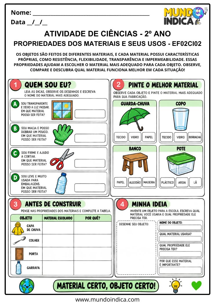 Atividade de Ciências 2º ano para Relacionar Propriedades e Usos dos Materiais – EF02CI02