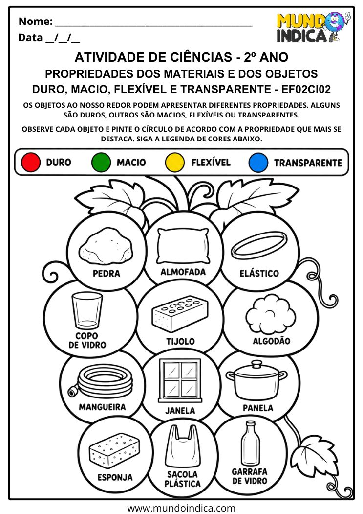 Atividade de Ciências 2º ano sobre Materiais Duros, Macios, Flexíveis e Transparentes – EF02CI02