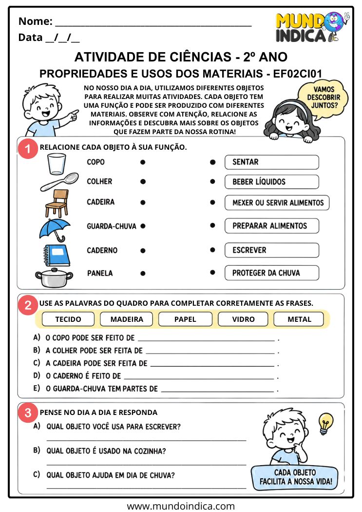 Atividade de Ciências 2º ano sobre Objetos, Materiais e suas Funções – EF02CI01