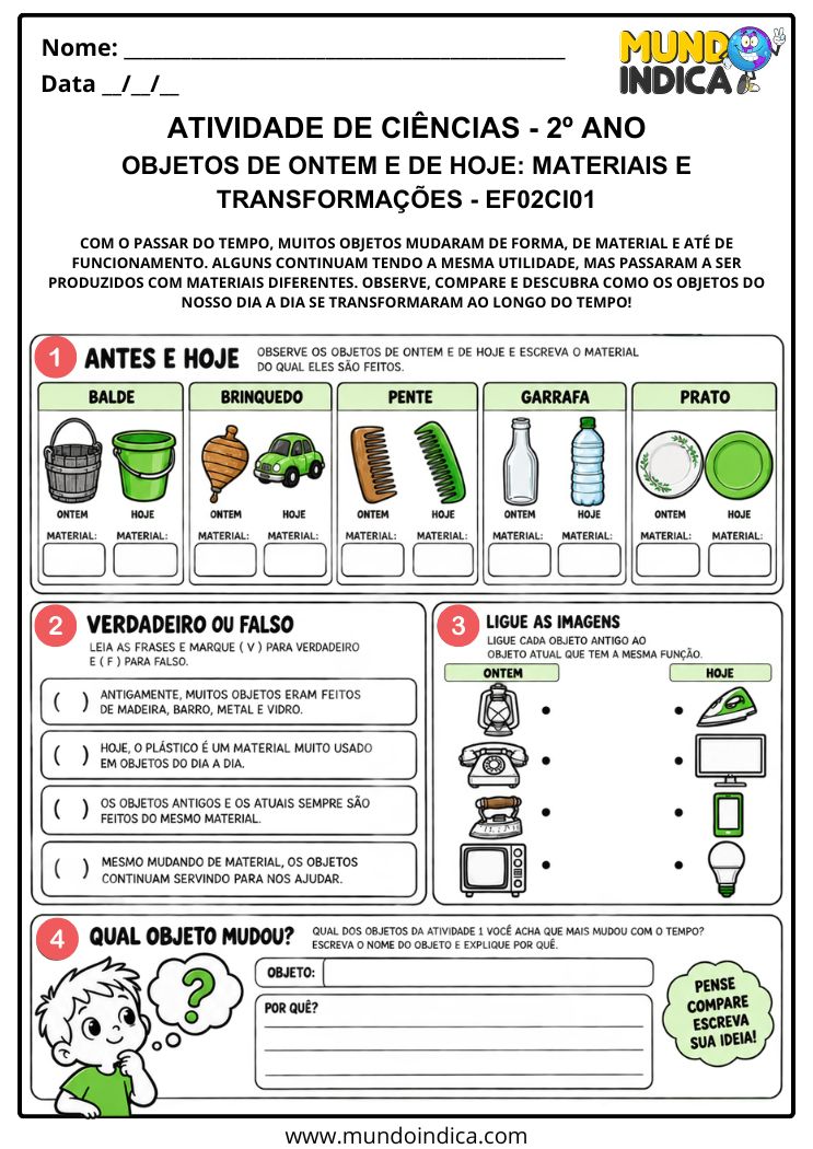 Atividade de Ciências 2º ano sobre Objetos de Ontem e de Hoje e seus Materiais – EF02CI01