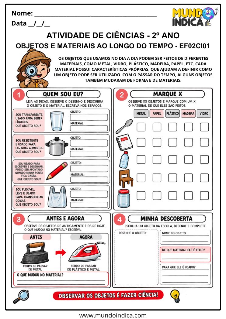 Atividade de Ciências 2º ano sobre Objetos e Materiais ao Longo do Tempo – EF02CI01