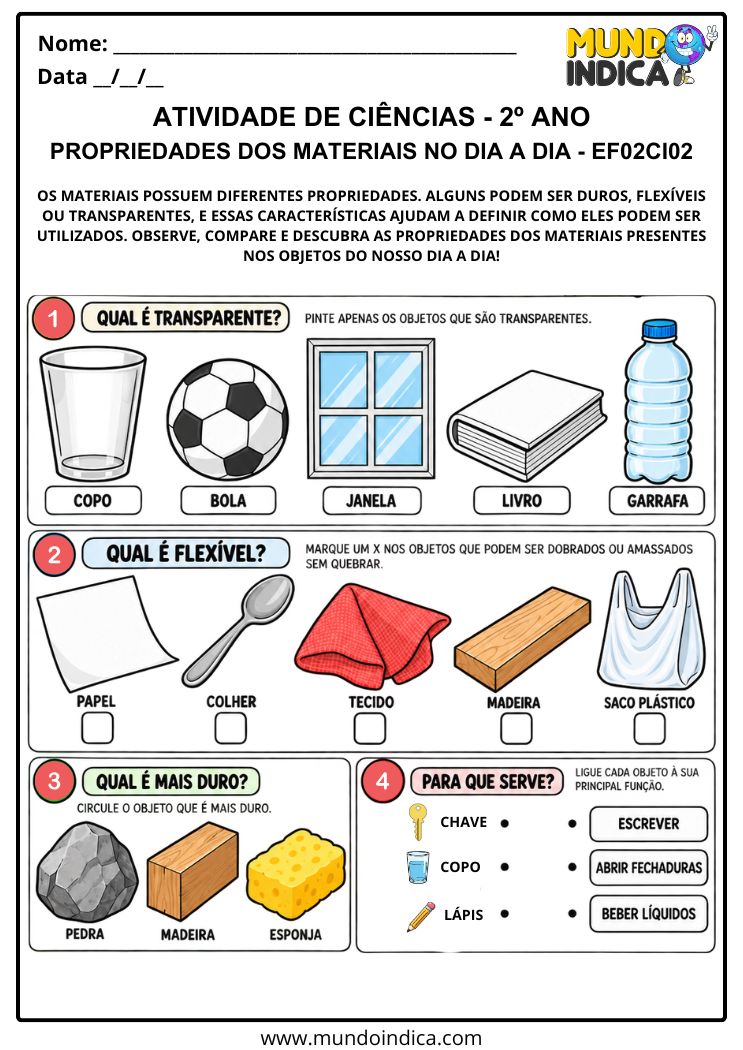 Atividade de Ciências 2º ano sobre Transparência, Flexibilidade e Dureza dos Materiais – EF02CI02