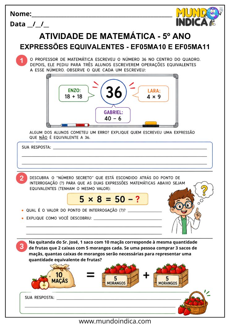 Atividade de Matemática 5º Ano com Igualdades, Equivalência e Termo Desconhecido