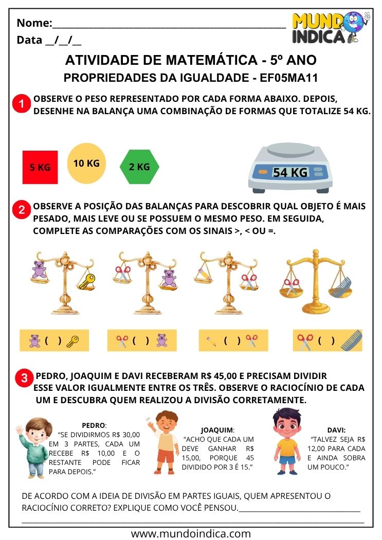 Atividade de Matemática 5º Ano com Pesos, Igualdades e Divisão em Partes Iguais