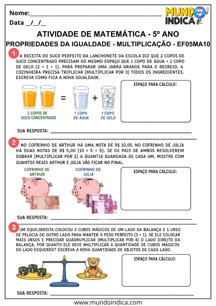 Atividade de Matemática 5º Ano com Problemas de Igualdade na Multiplicação