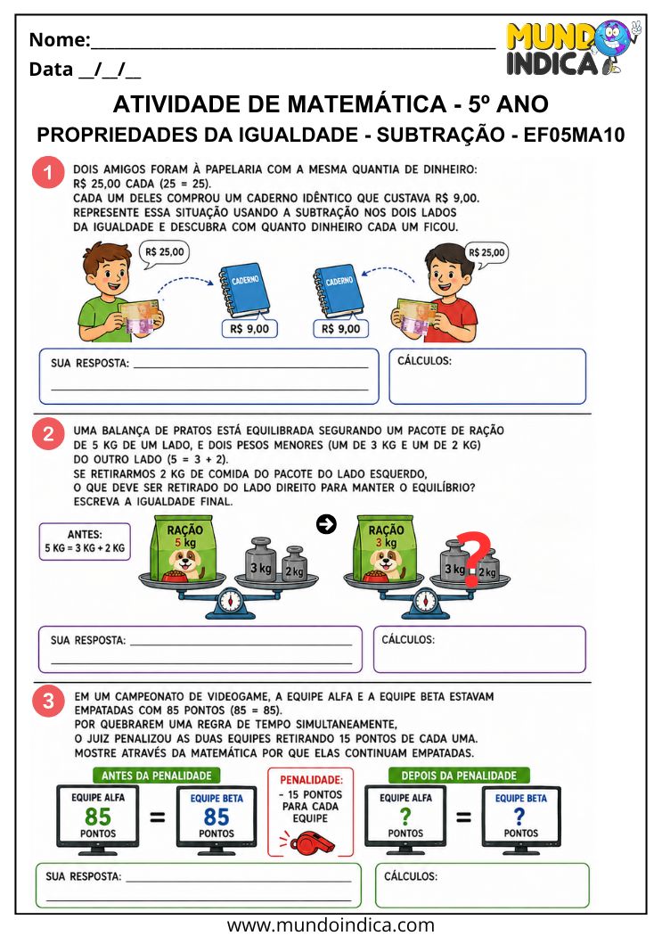 Atividade de Matemática 5º Ano com Problemas de Igualdade na Subtração