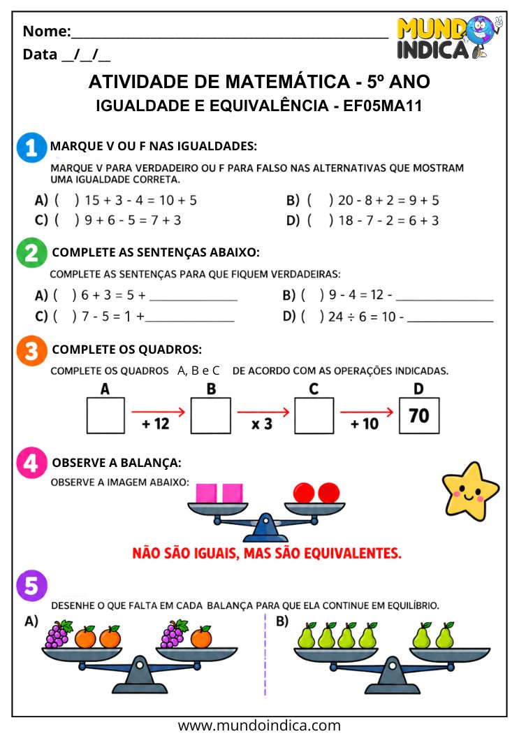 Atividade de Matemática 5º Ano para Completar Igualdades e Descobrir Valores
