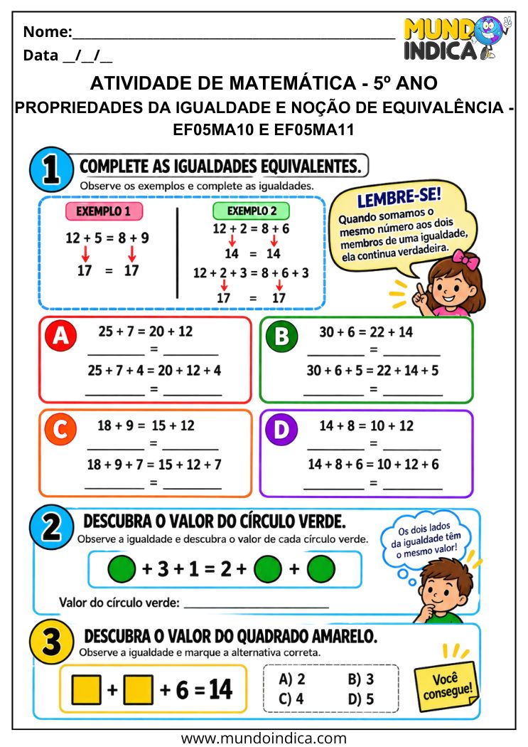 Atividade de Matemática 5º Ano sobre Igualdade, Equivalência e Valor Desconhecido