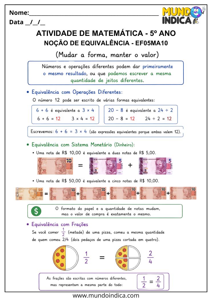 Atividade de Matemática 5º Ano sobre Noção de Equivalência