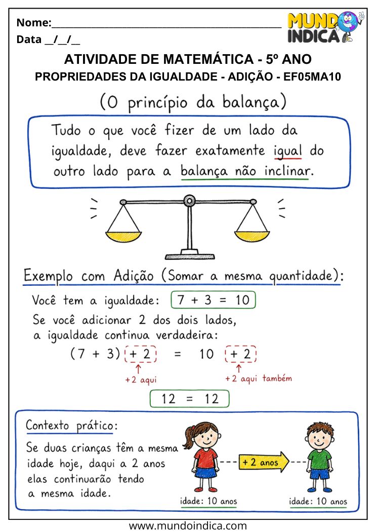 Atividade de Matemática 5º Ano sobre Propriedade da Igualdade na Adição