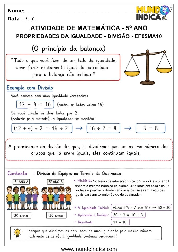 Atividade de Matemática 5º Ano sobre Propriedade da Igualdade na Divisão