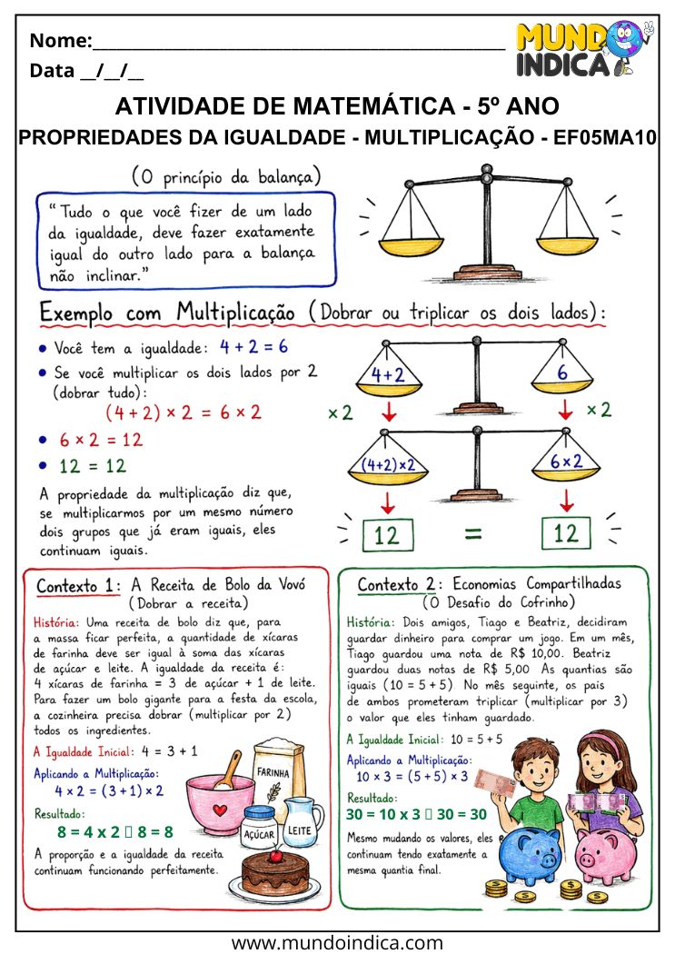 Atividade de Matemática 5º Ano sobre Propriedade da Igualdade na Multiplicação