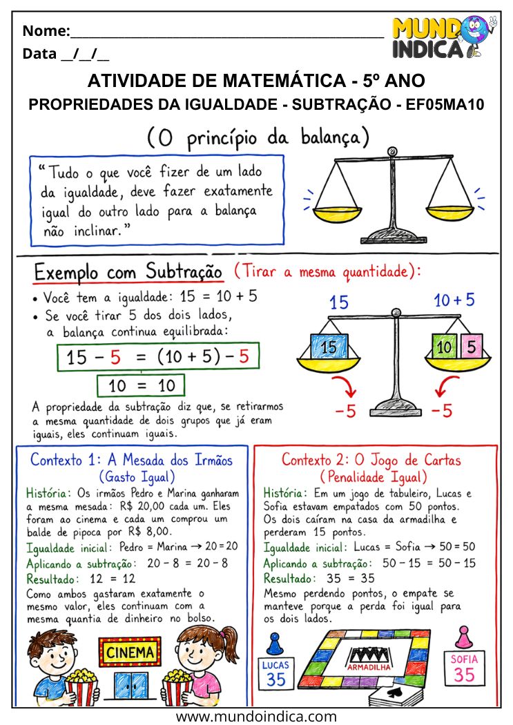 Atividade de Matemática 5º Ano sobre Propriedade da Igualdade na Subtração