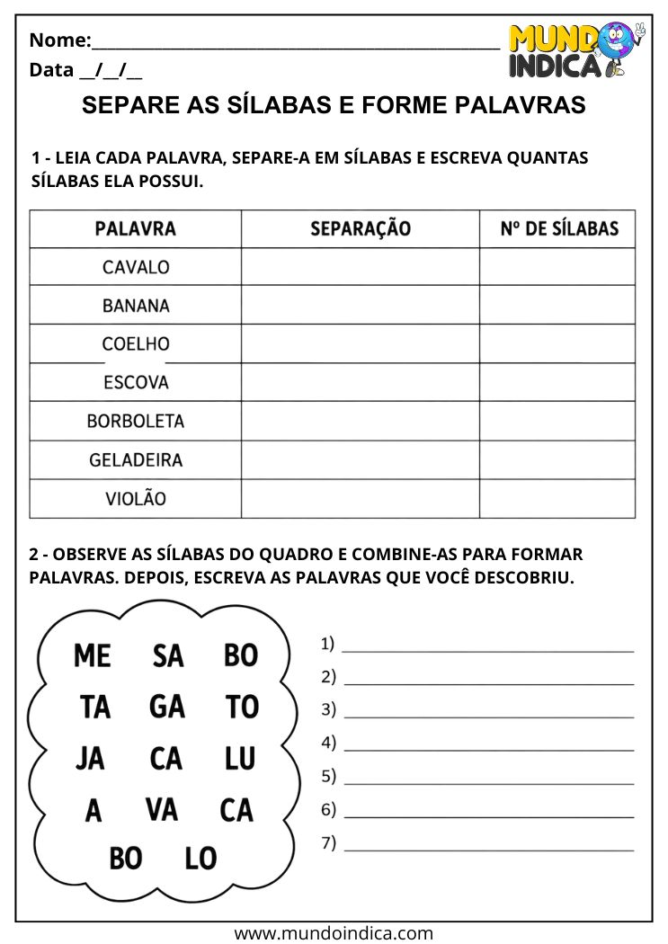 Atividade de Separação de Sílabas e Formação de Palavras